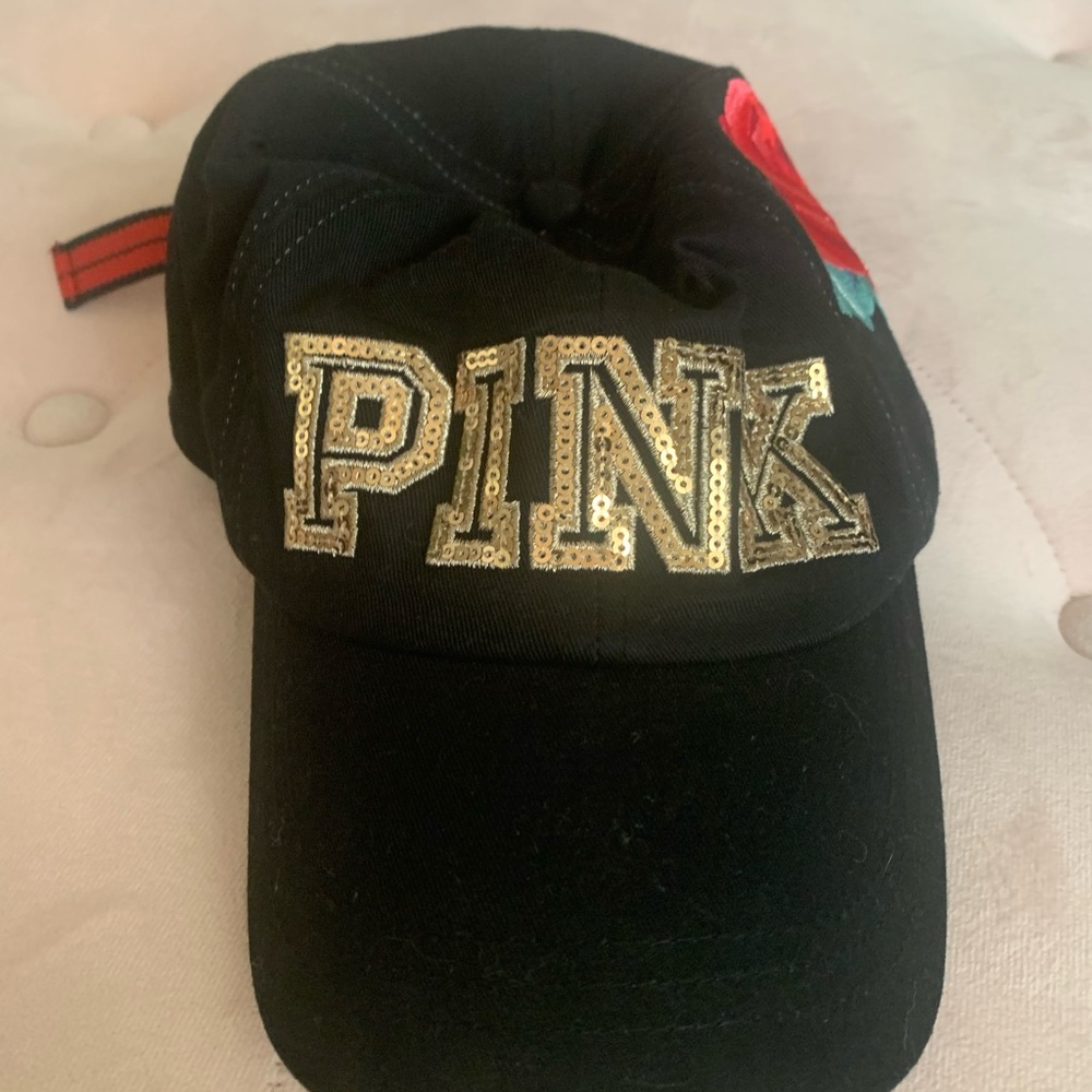 Black Victoria Secret PINK Cap with Red Rose Embroidery Rare - Picture 3 of 7